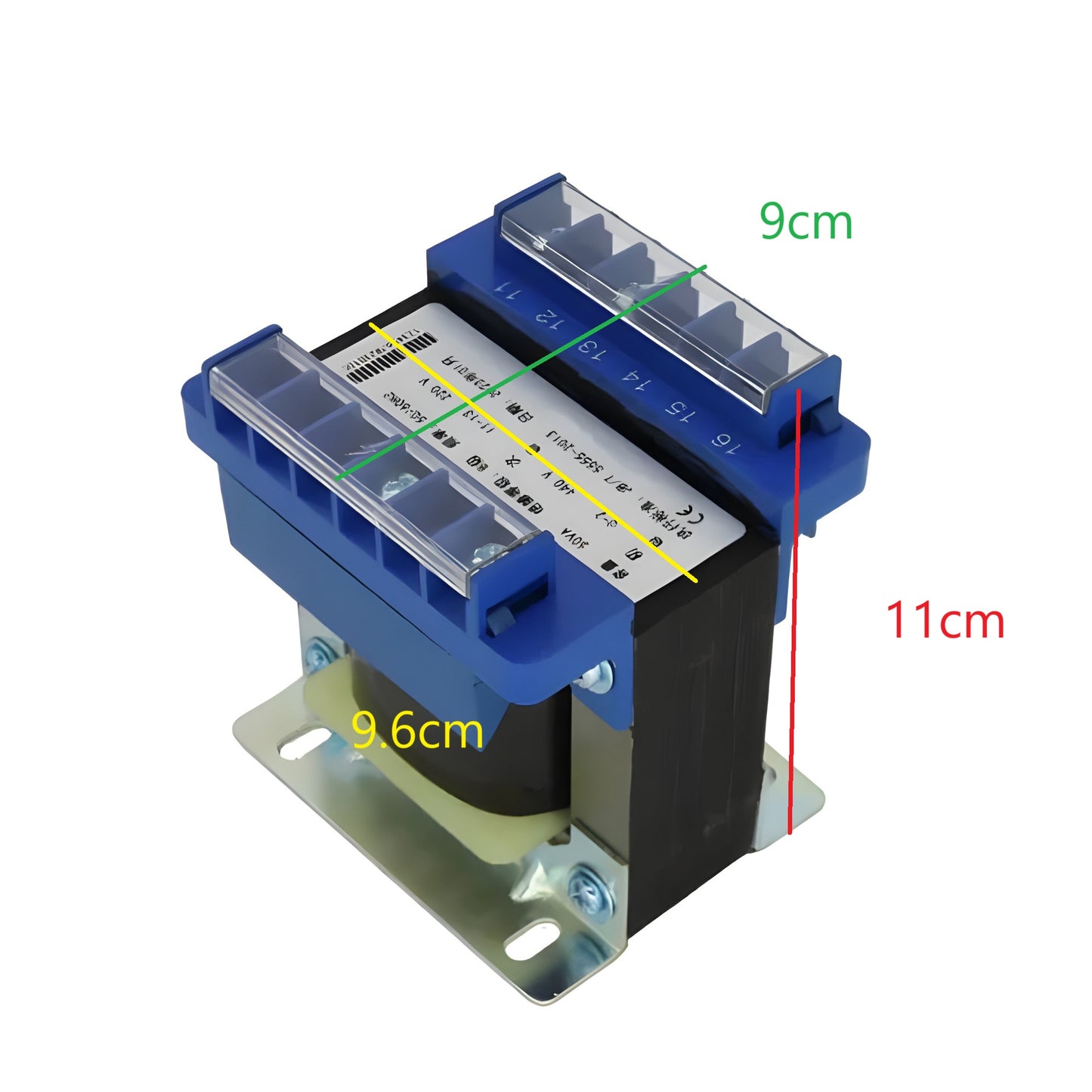 Wixim 150VA Control Transformer with blue casing and metal mounting base showing dimensions