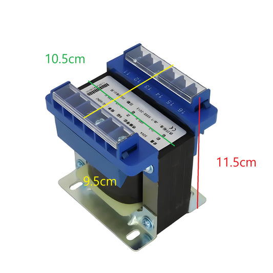Wixim 200VA Control Transformer with blue casing and metal mounting plate showing product dimensions