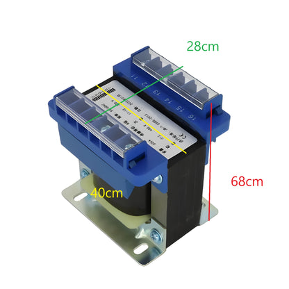 Wixim 20KVA Control Transformer with blue terminals and metal mounting base showing dimensions