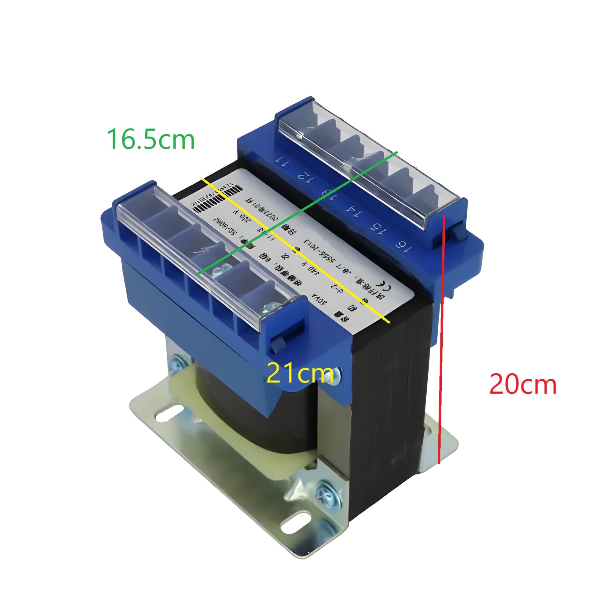 Wixim 2500VA Control Transformer with blue casing and dimension measurements shown