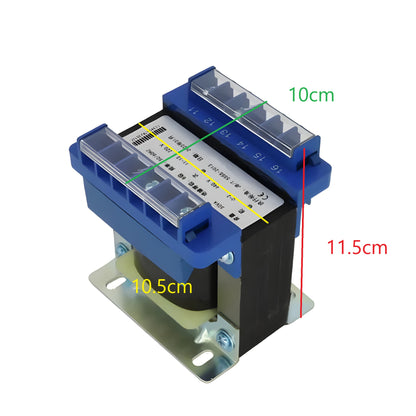 Wixim 250VA Control Transformer with blue casing and metal mounting base showing dimensions