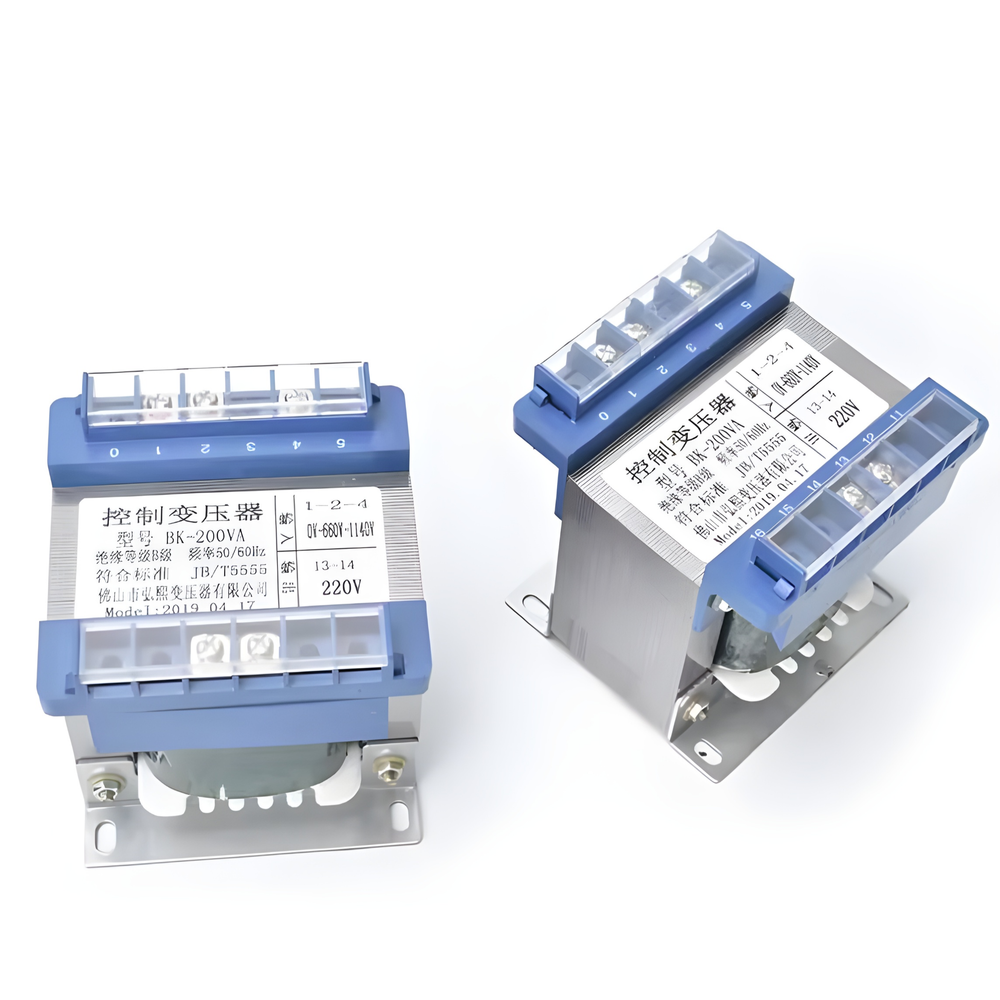 Wixim 250VA Control Transformer with blue terminals and metal mounting base shown from two angles