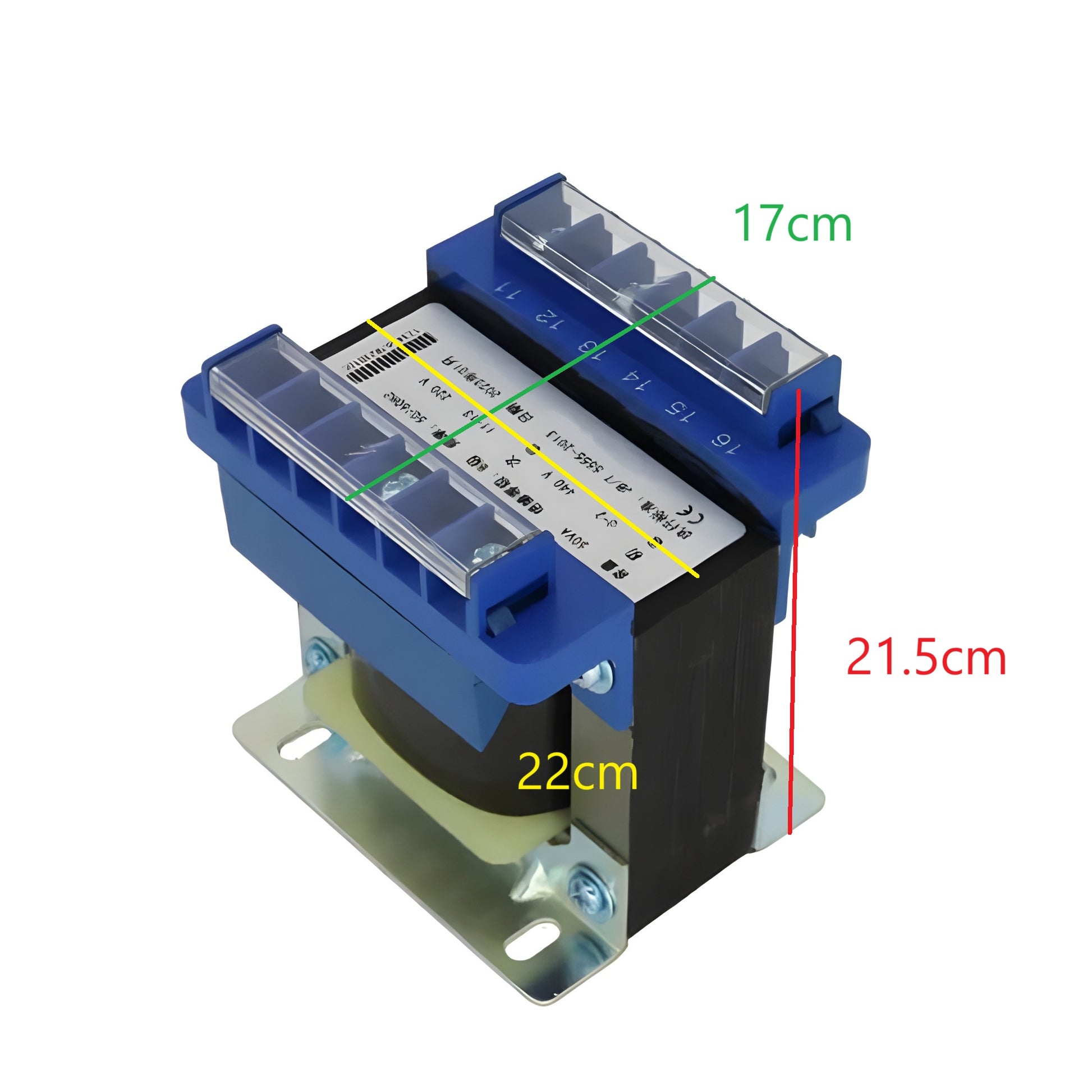 Wixim 3000VA Control Transformer with blue terminals and metal base showing dimensions