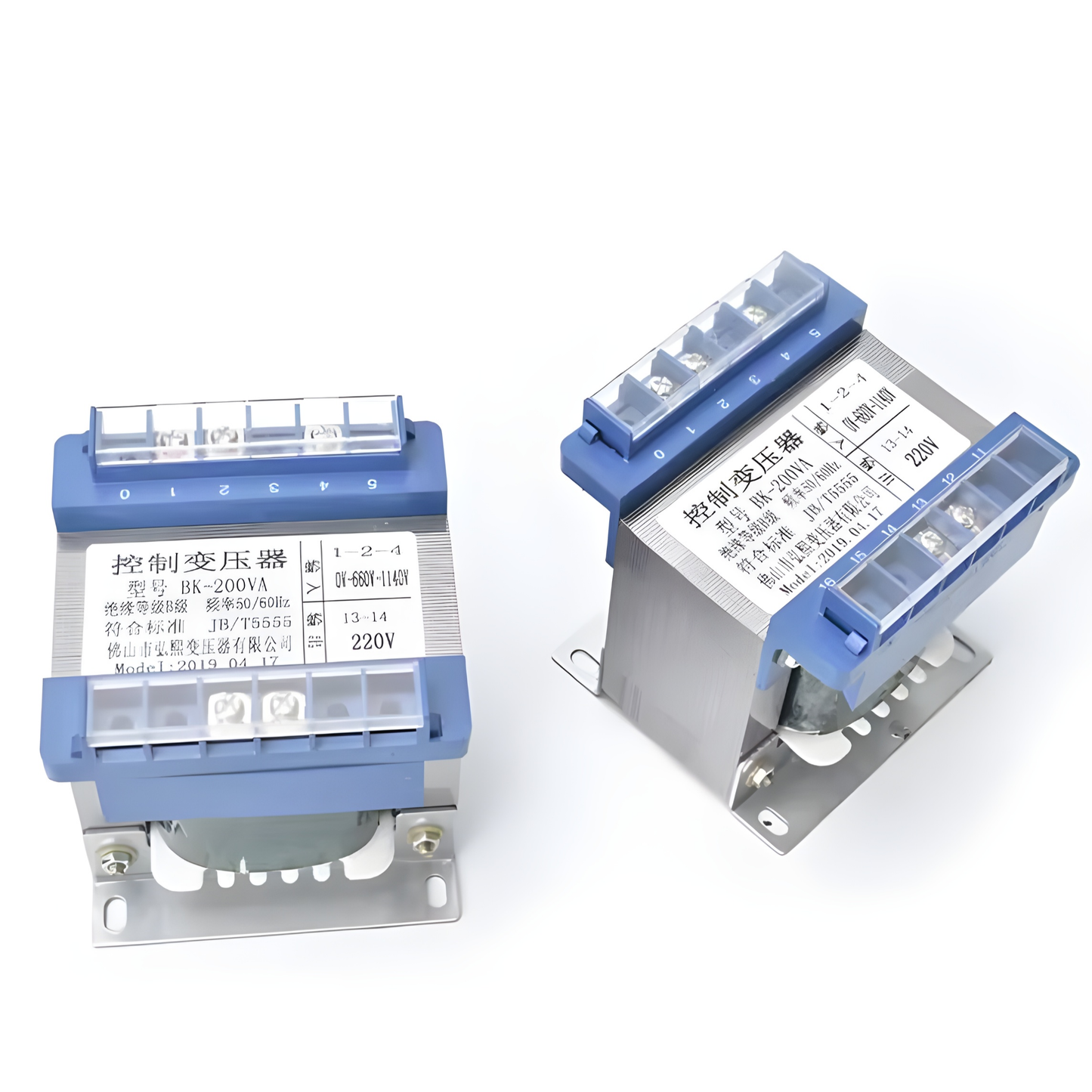 Wixim 300VA Control Transformer with blue terminals and metal mounting base shown from two angles