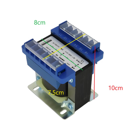 Wixim 75VA Control Transformer with blue casing and metal mounting plate showing dimensions