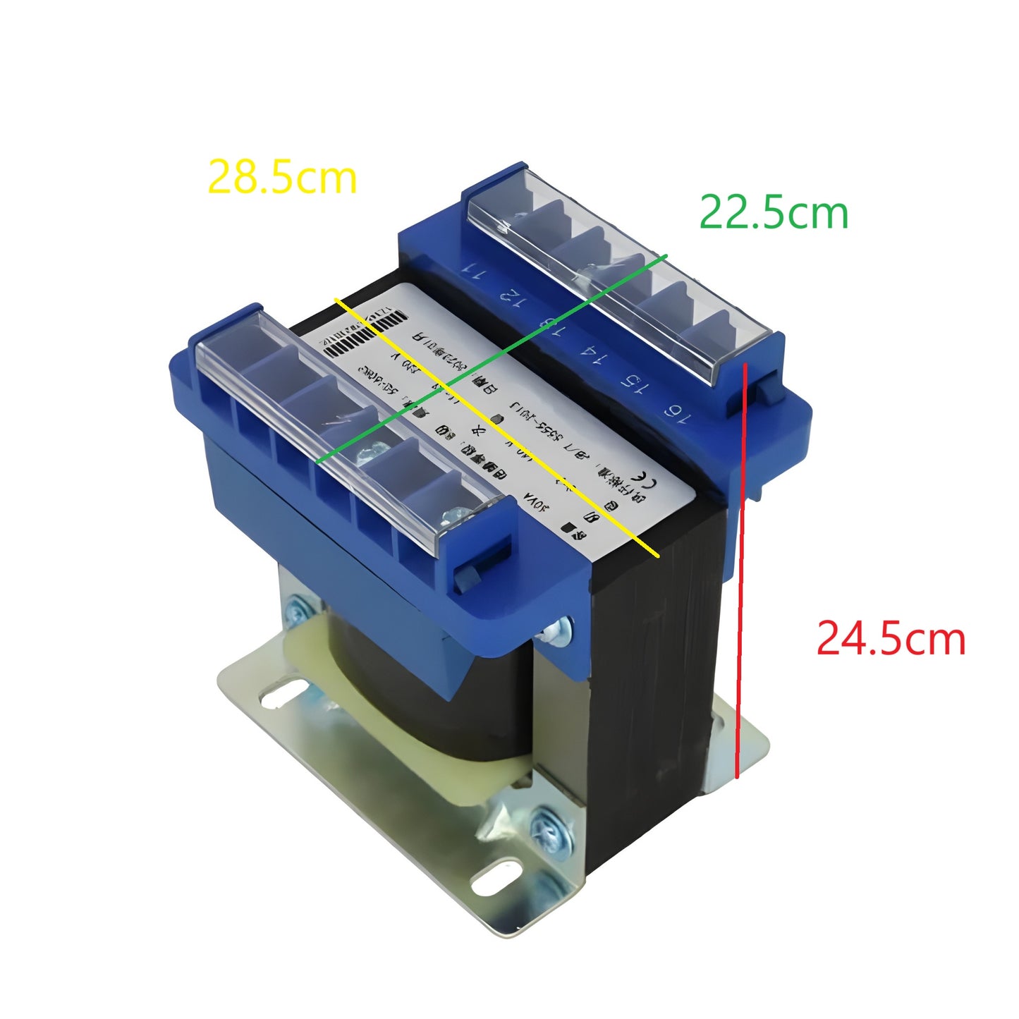 Wixim 8000VA Control Transformer with blue casing and metal mounting plate showing dimensions