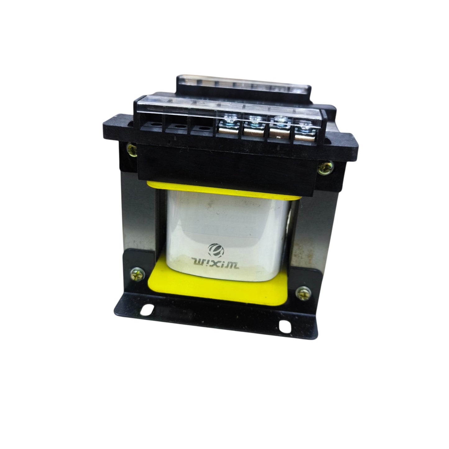 Wixim 400VA Control Transformer on black steel mounting bracket with terminal block and yellow insulation