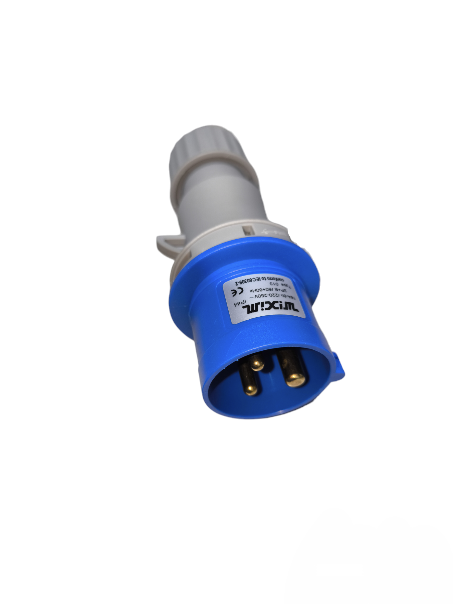 Wixim Industrial Plug 220V blue and gray electrical connector with three metal prongs