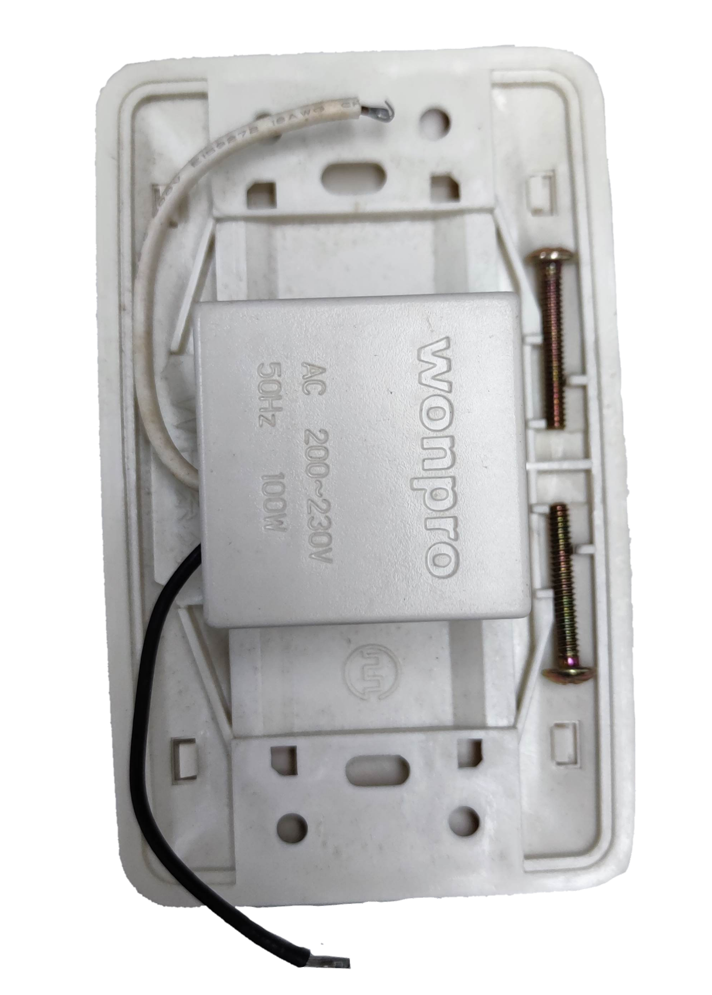 Omni 1 way touch sensor switch rear view showing mounting plate wiring module and mounting screws