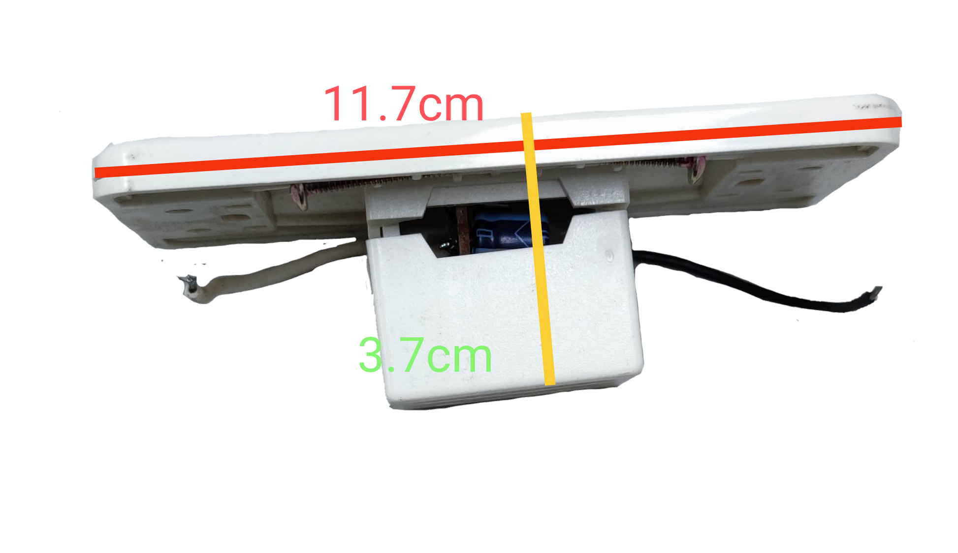 Omni 1 way touch sensor switch white wall plate side view with 11.7cm and 3.7cm depth measurements