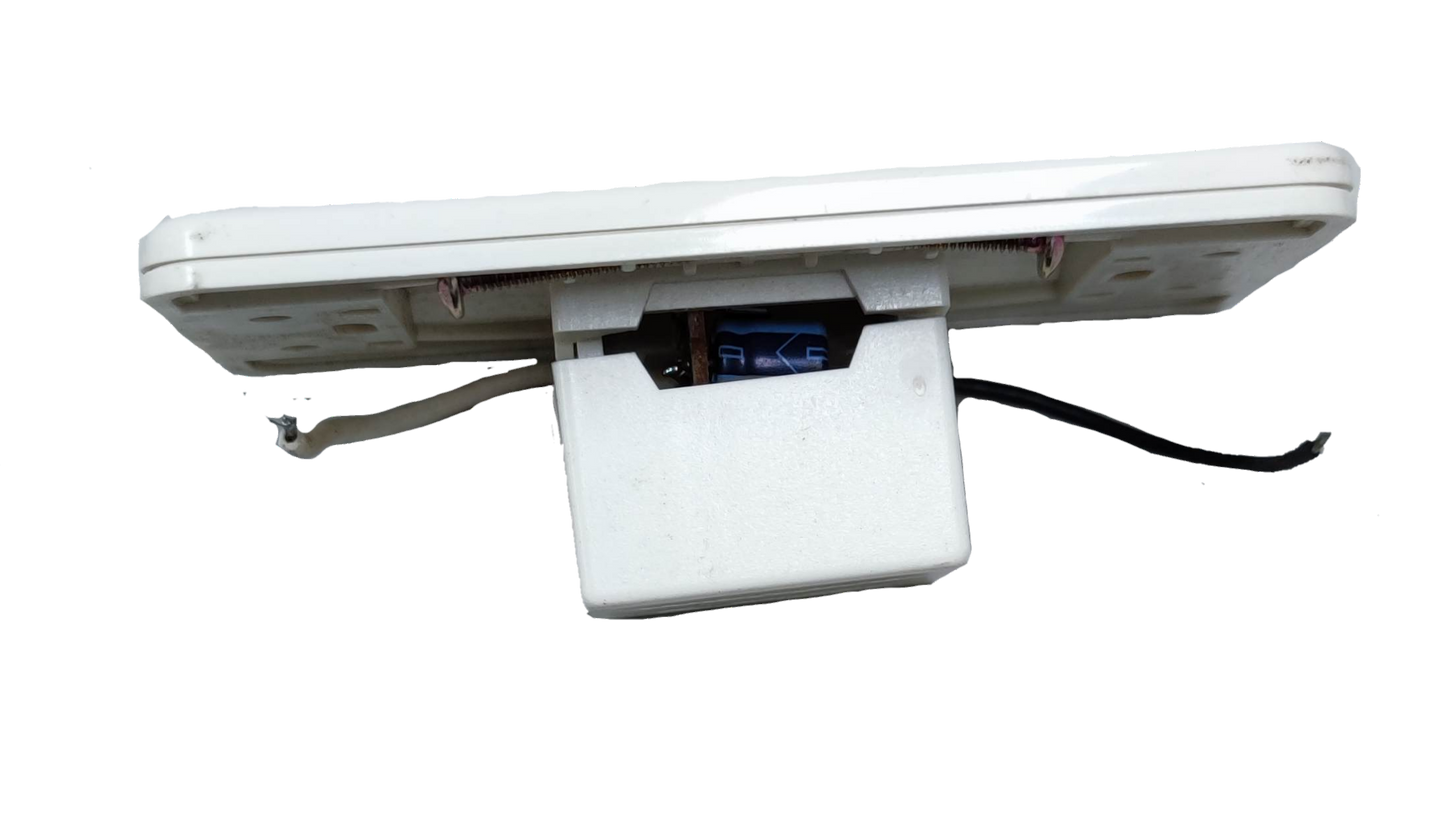 Omni white 1 way touch sensor switch rear view showing wiring and mounting module for wall installation