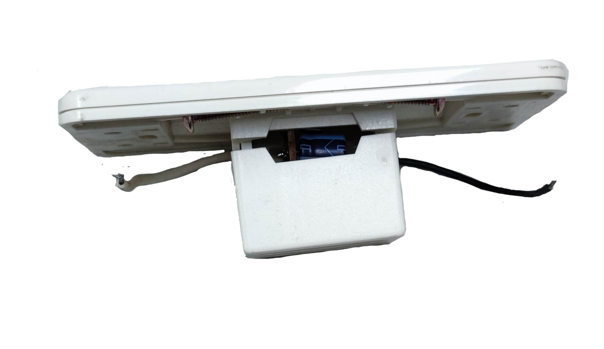 Omni white 1 way touch sensor switch rear view showing wiring and mounting module for wall installation