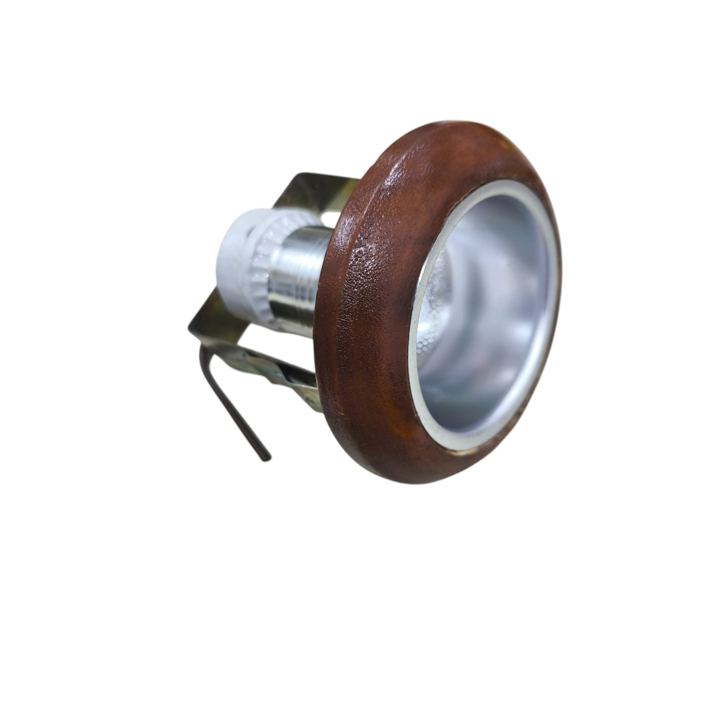 Local E27 silver reflector downlight with brown wooden trim for recessed ceiling installation