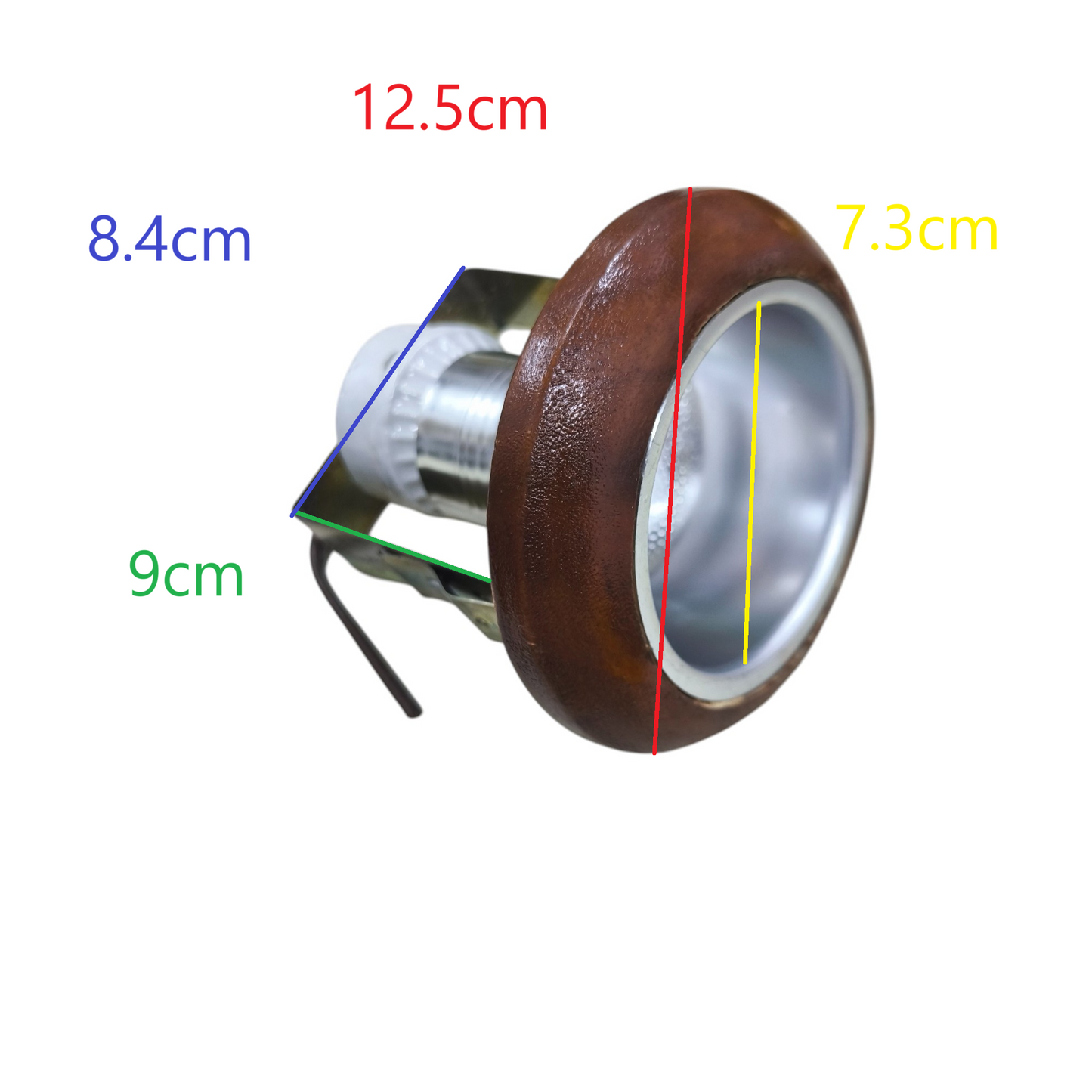 E27 silver reflector downlight with brown wooden trim and recessed metal housing shown with dimensions