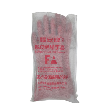 China made red rubber insulated safety gloves in mesh pouch with Chinese label 12KV Electrical Gloves Rubber