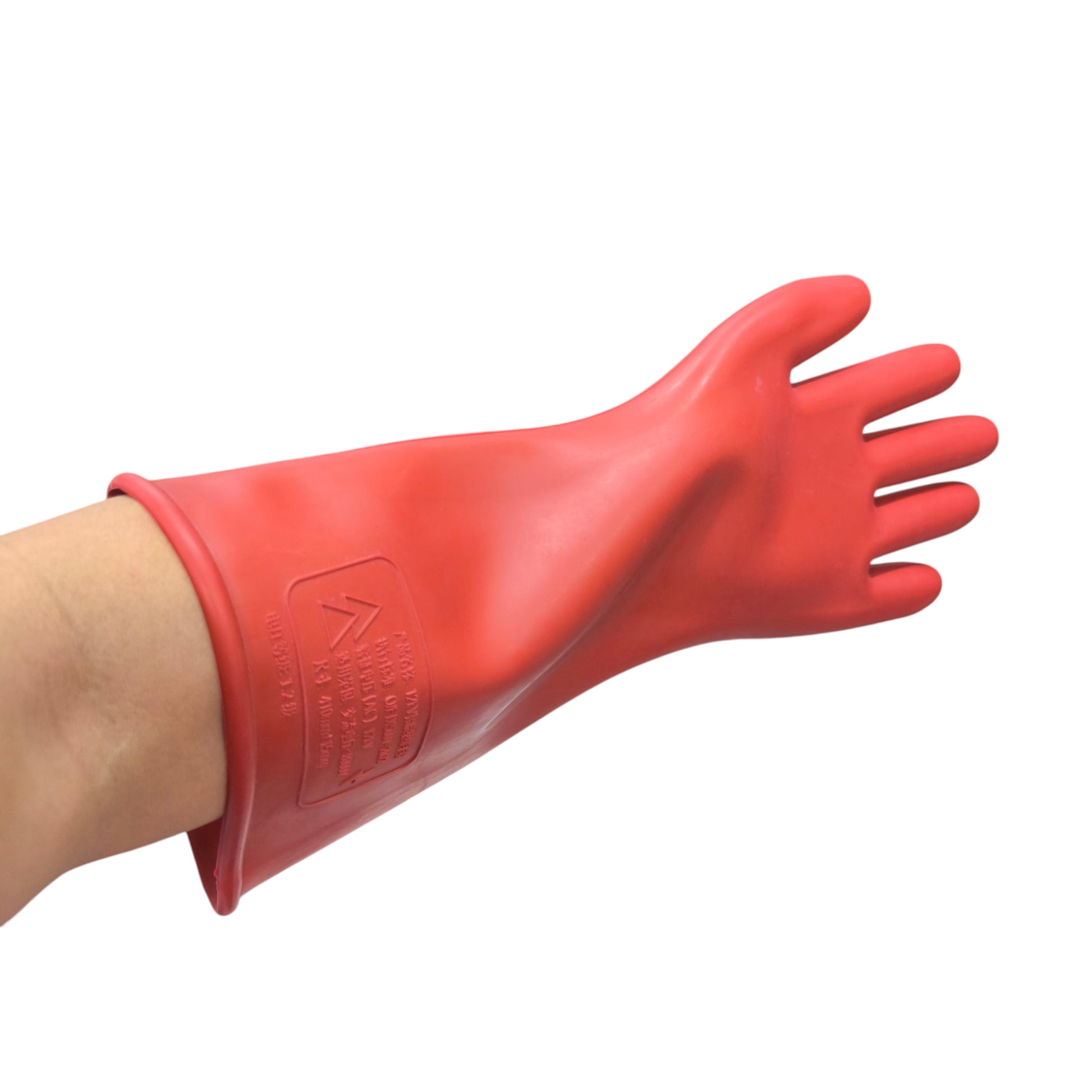 Red insulating rubber safety glove on forearm for high voltage work 12KV Electrical Gloves Rubber