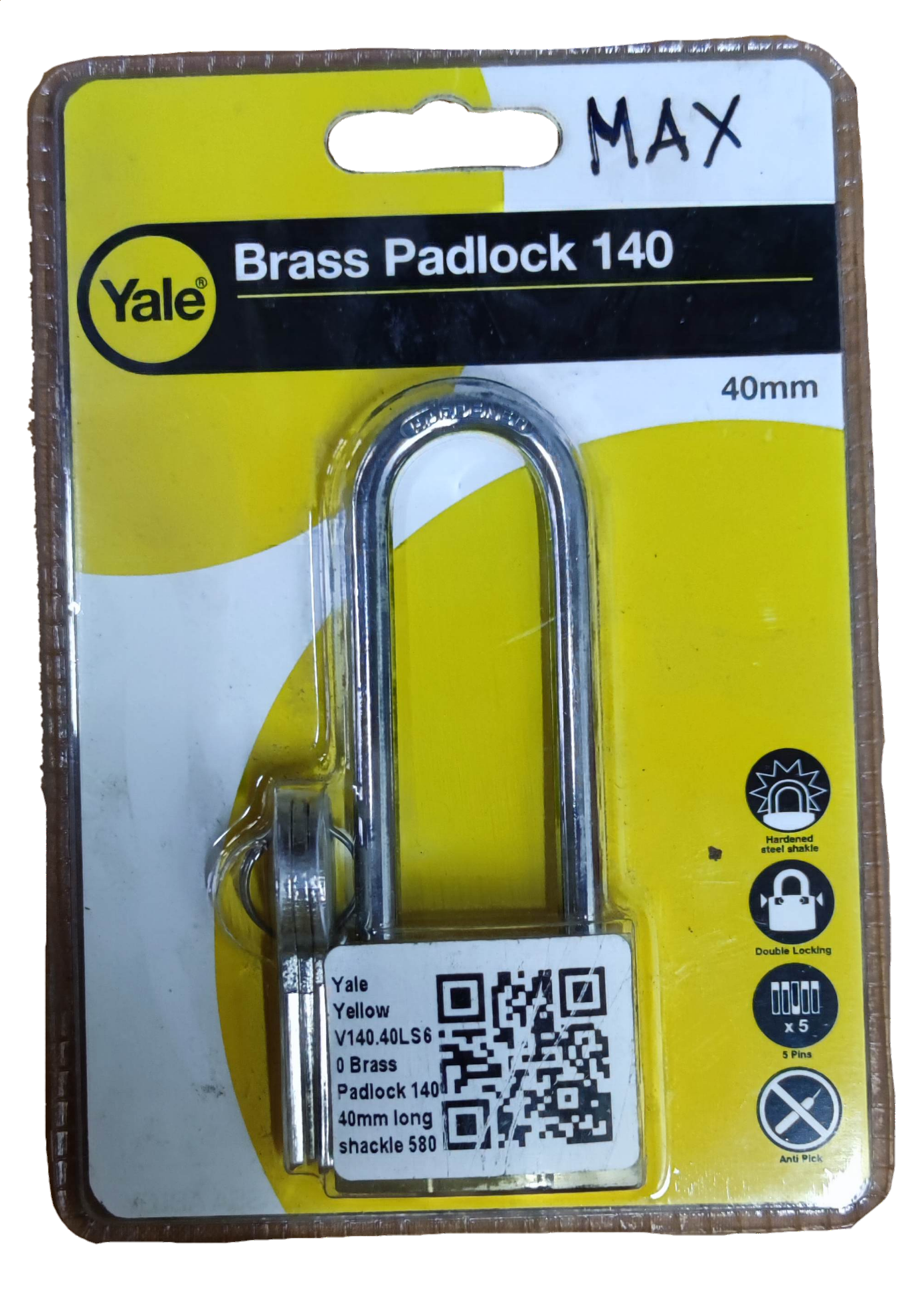 Yale Brass Padlock 140 with 40mm long shackle and yellow body in retail packaging