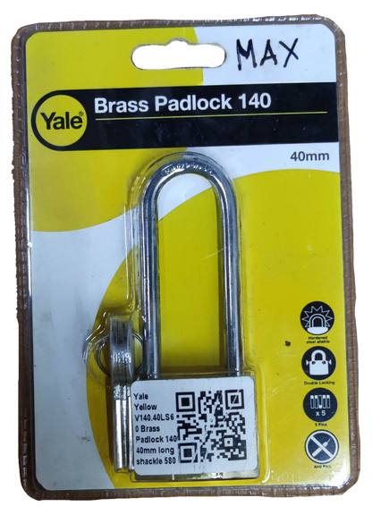 Yale Brass Padlock 140 with 40mm long shackle and yellow body in retail packaging