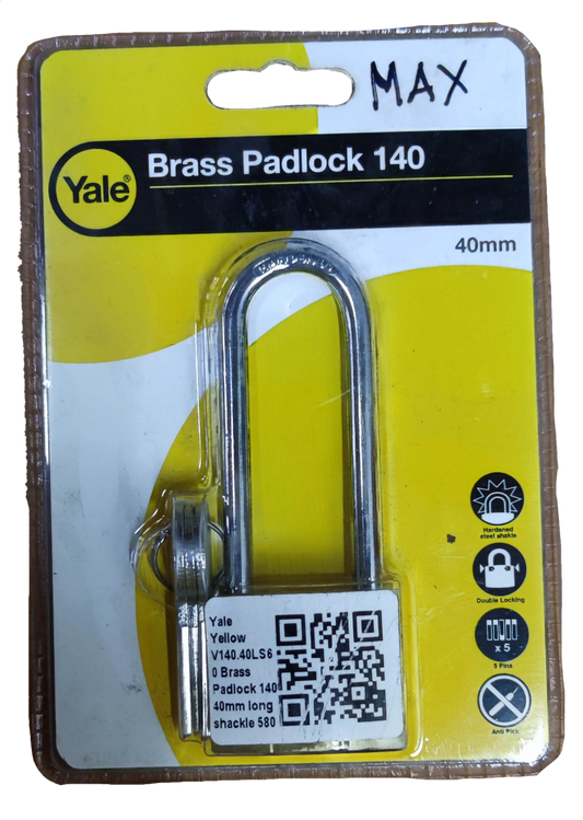 Yale Brass Padlock 140 with 40mm long shackle and yellow body in retail packaging