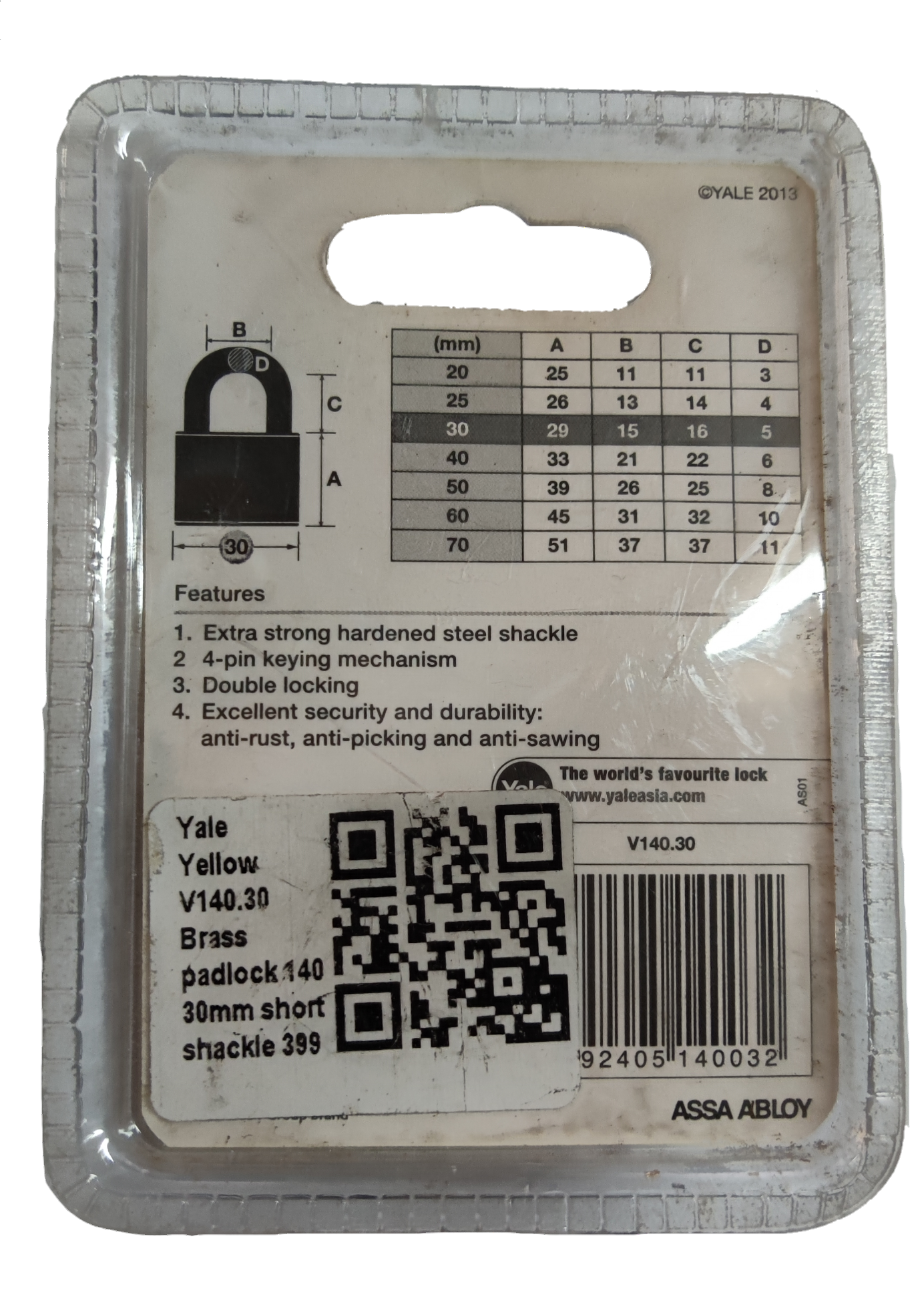 Yale Brass Padlock 140 packaging showing product dimensions and security features