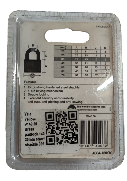 Yale Brass Padlock 140 packaging showing product dimensions and security features