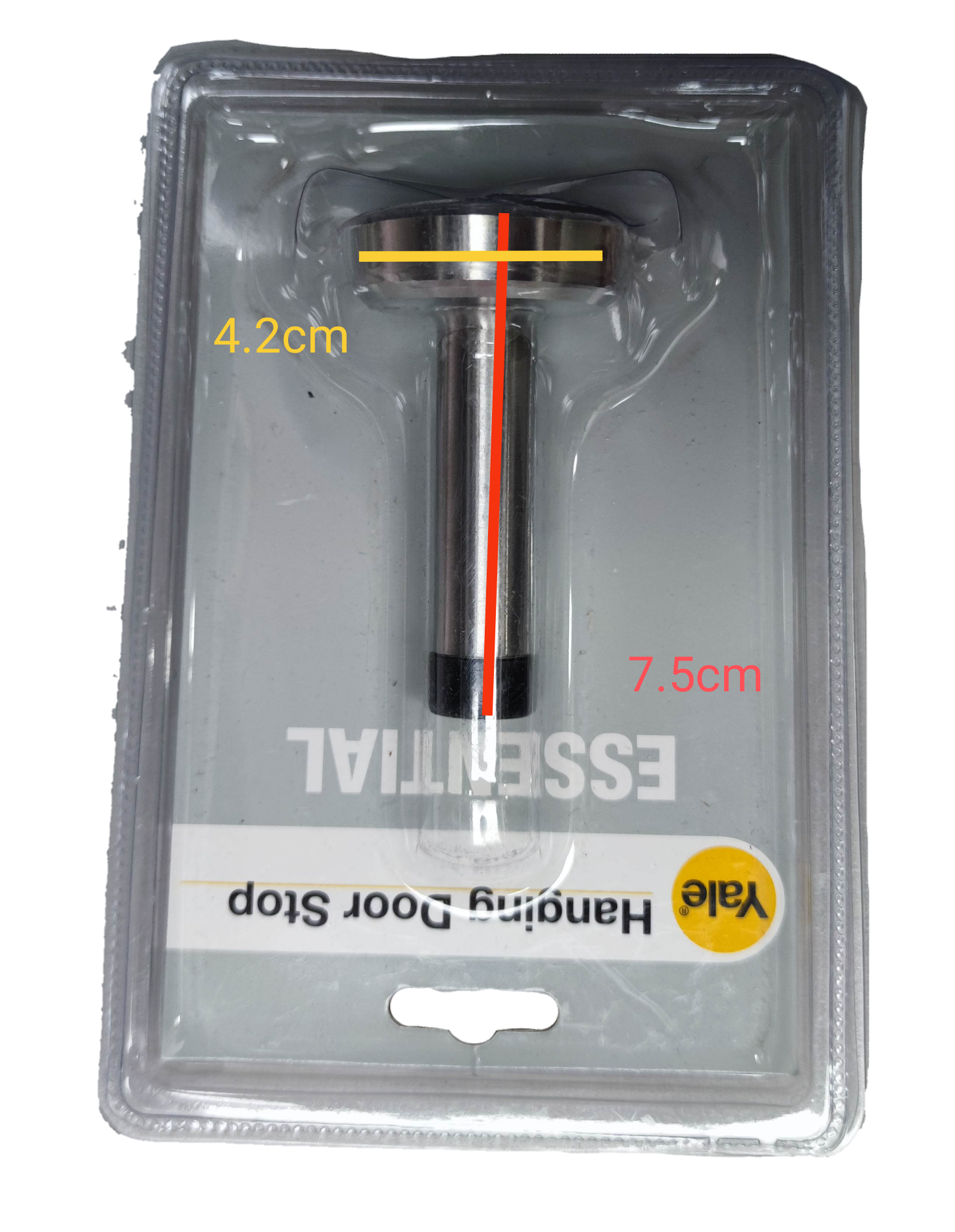 Yale heavy duty hanging door stop in packaging, measures 4.2cm by 7.5cm for effective door security
