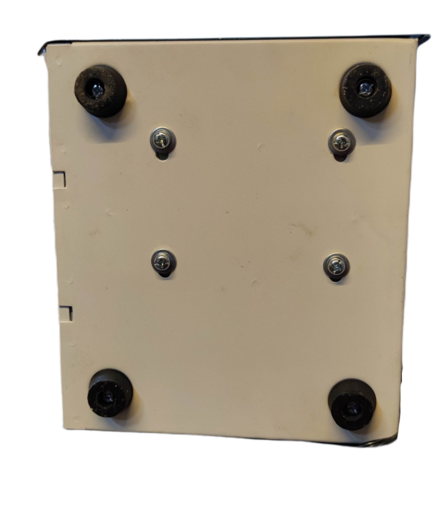 Bottom view of Electx 250W automatic voltage regulator 220V showing screws and rubber feet on white casing
