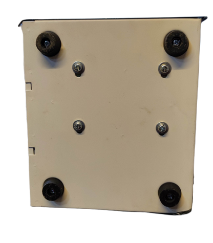 Bottom view of Electx 250W automatic voltage regulator 220V showing screws and rubber feet on white casing