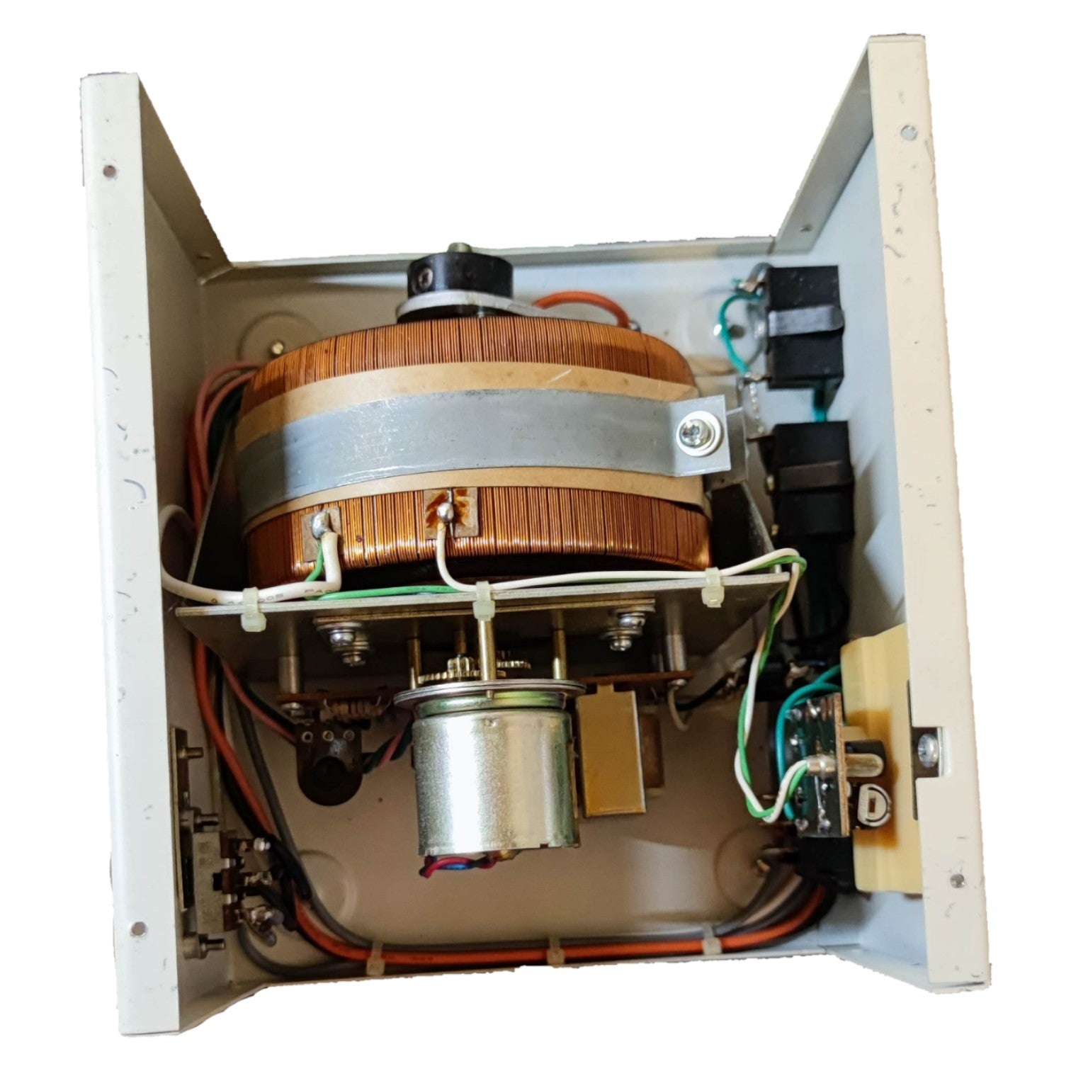 Electrical component with wooden and metal parts on a white background