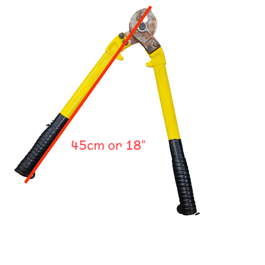 Yellow and black 18 inch bolt cutter with rubber grips and rusted metal cutting head