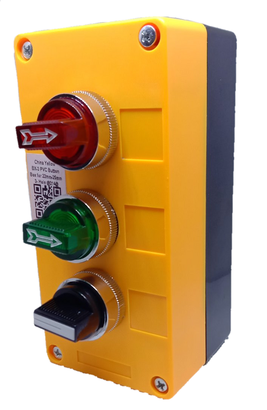 Auspicious illuminated selector switch box with red, green, and black switches in yellow casing