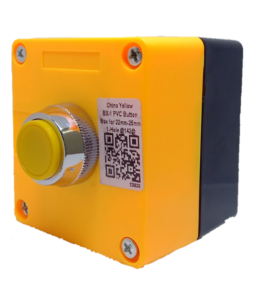 Auspicious yellow push button switch with bright yellow button on a square yellow and black casing
