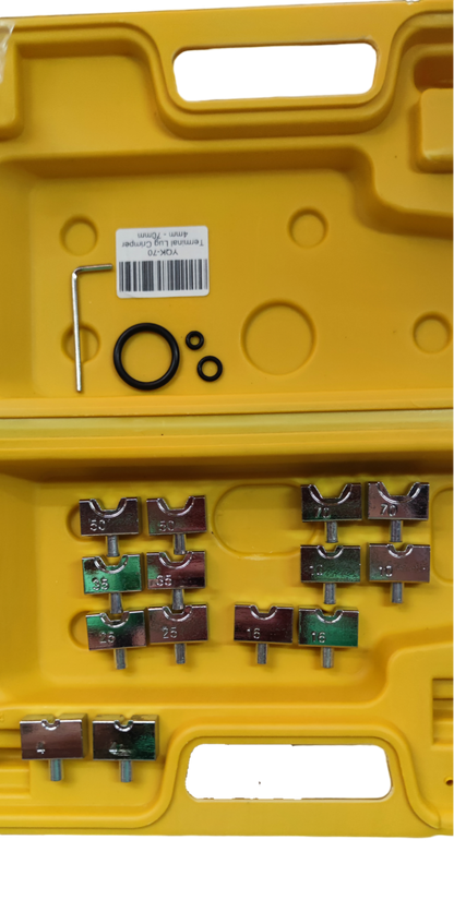 Grippes YQK-70 terminal lug crimper 4mm to 70mm with various attachment tools in a yellow storage case