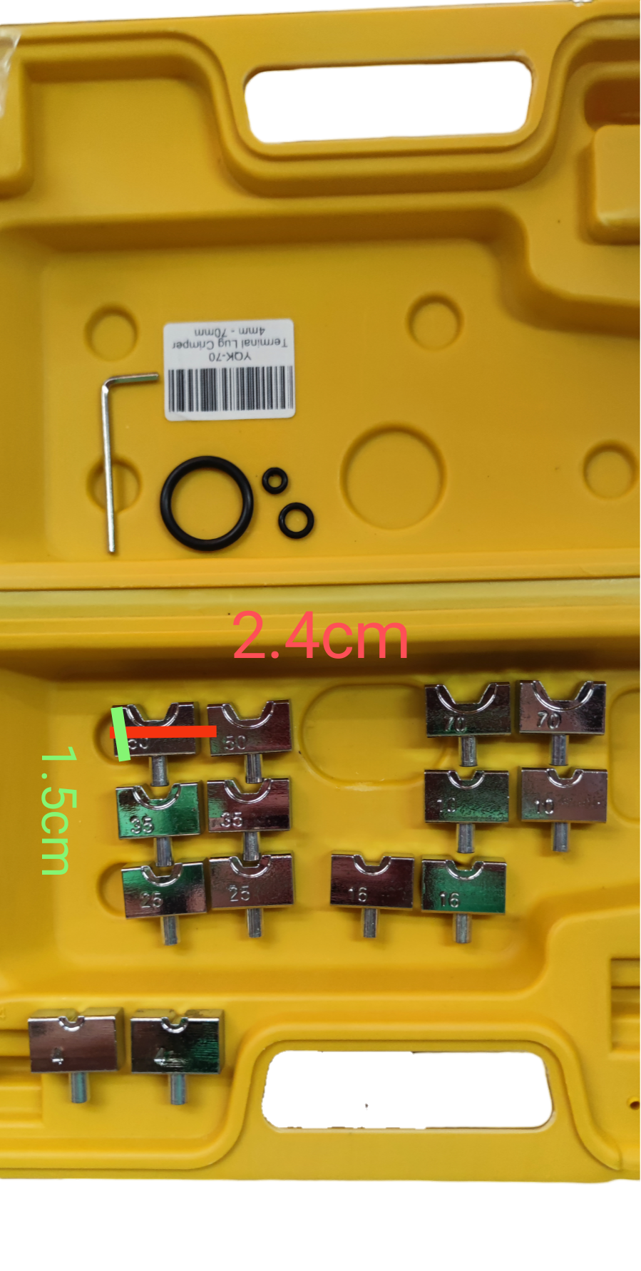 Grippes YQK-70 terminal lug crimper 4mm to 70mm components organized in a yellow tool case