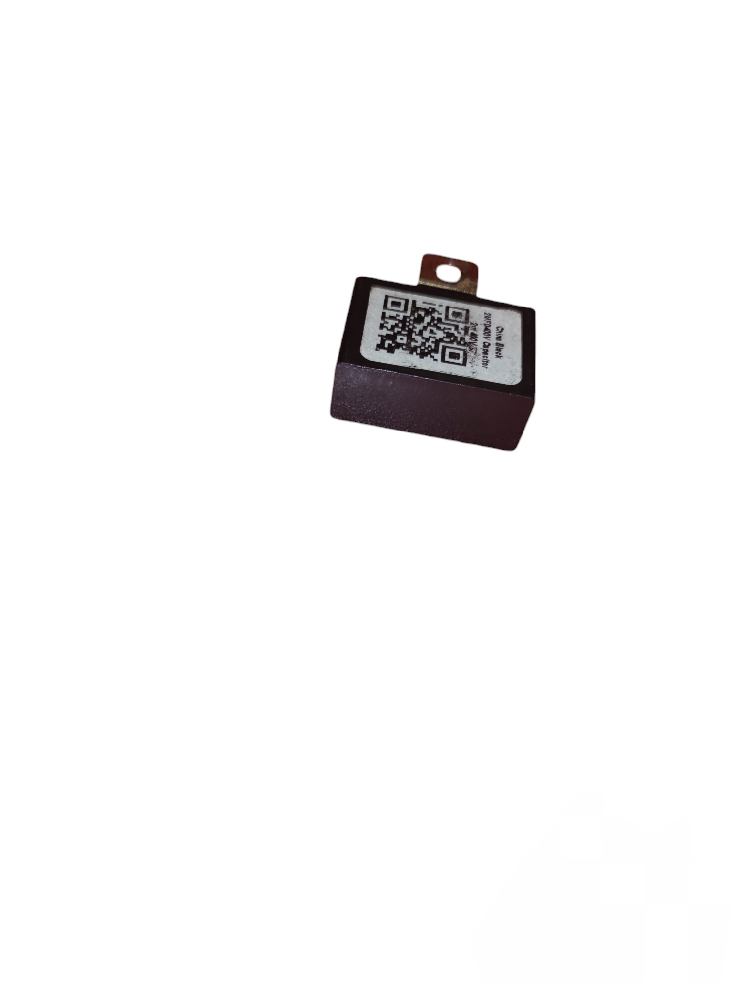 2uF 400V capacitor pack from Electx Electrical Supply with QR code label and mounting hole
