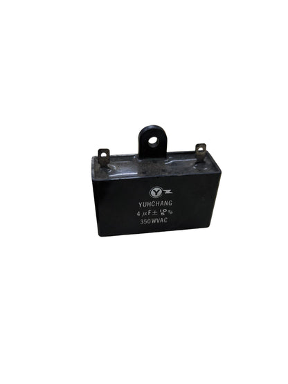 CBB 4uF 350V capacitor rectangular black electrical component with mounting tab and two terminals