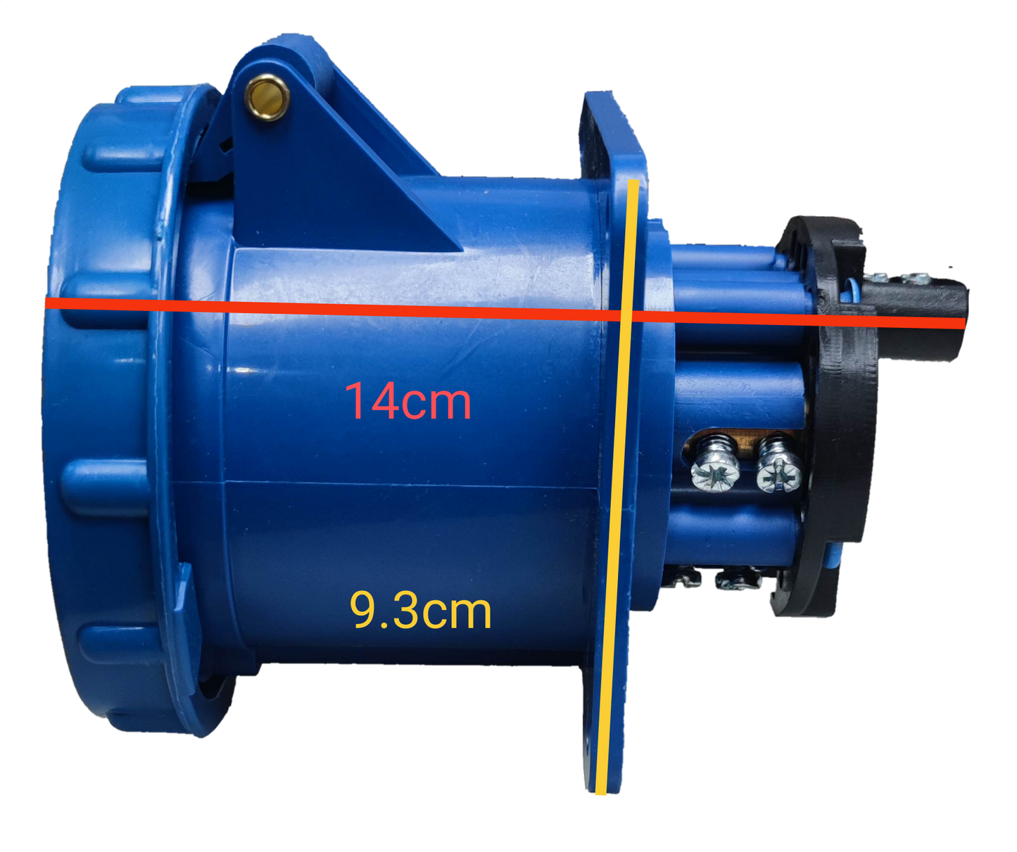 Grippes 63A industrial outlet 220V with a side view showing dimensions of 14cm and 9.3cm