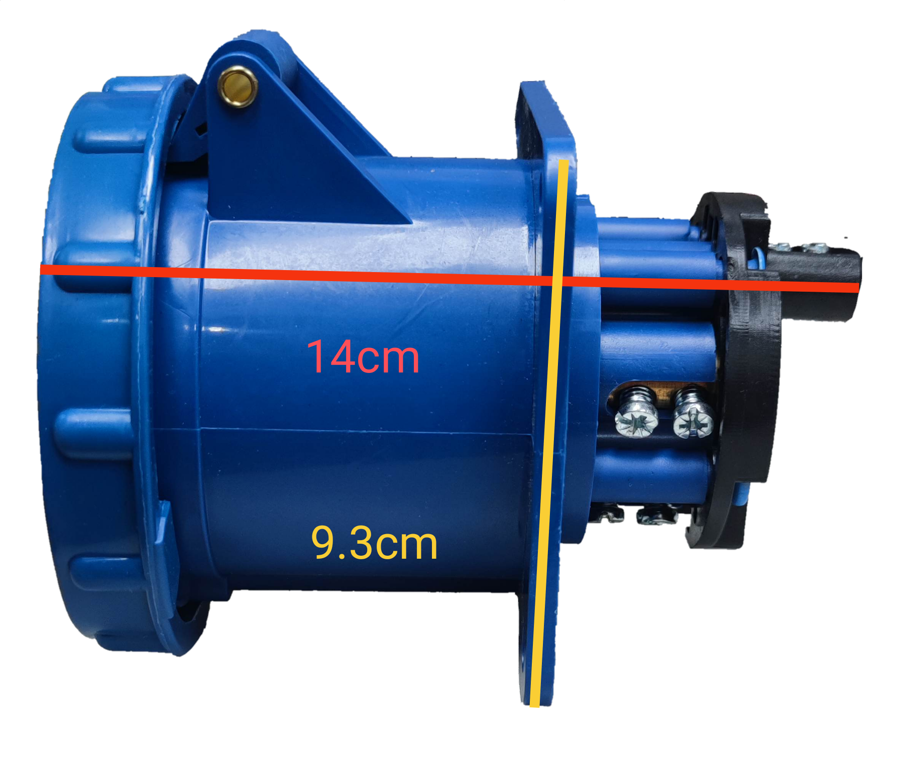 Grippes 63A industrial outlet 220V with a side view showing dimensions of 14cm and 9.3cm