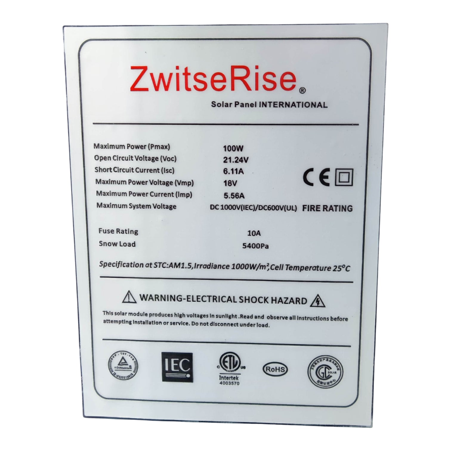 ZwitseRise 100W Solar Panel 1200 x 530 x 35 mm specifications label with power and safety ratings