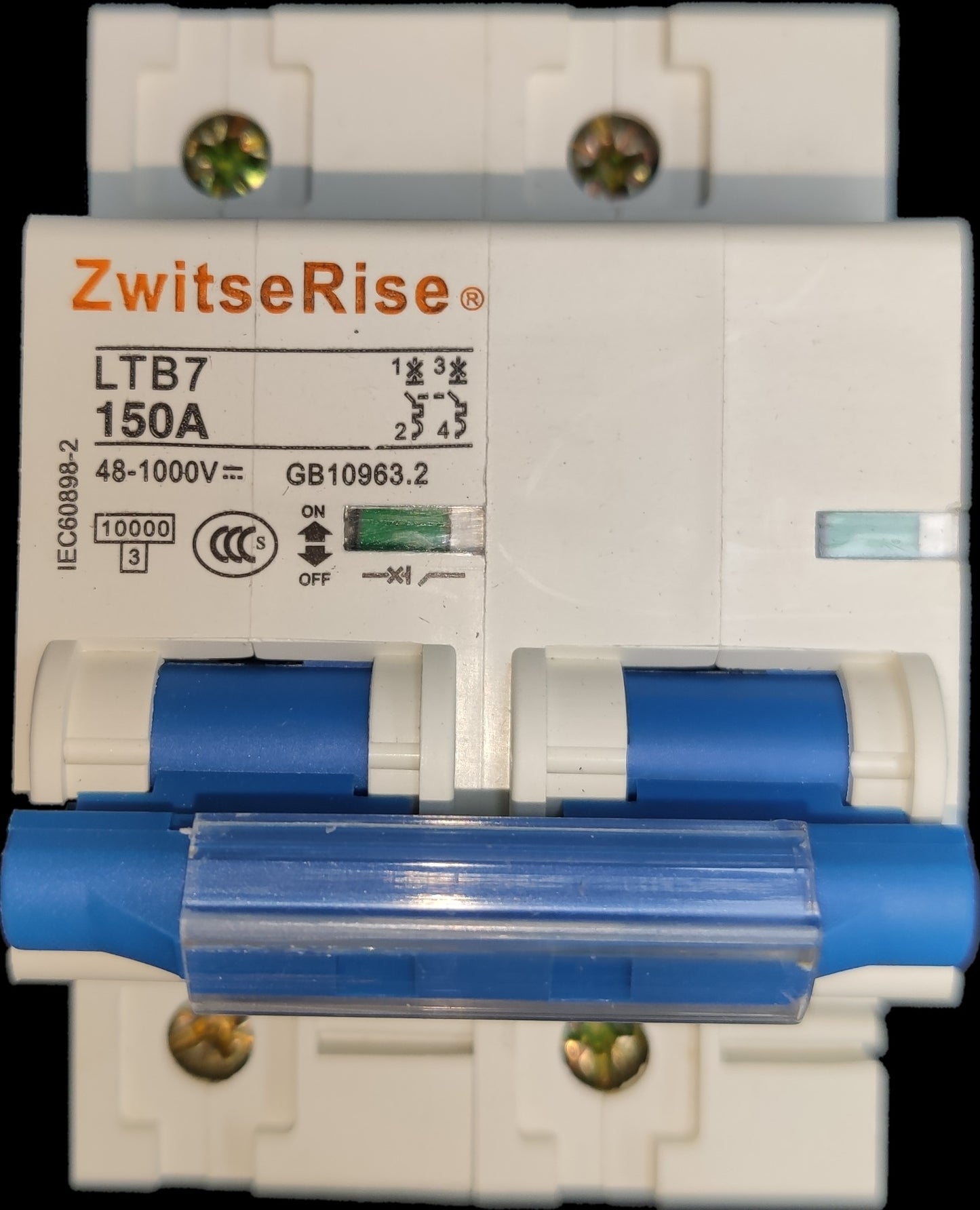 ZwitseRise 150A Miniature Circuit Breaker white with blue switches and detailed electrical specifications