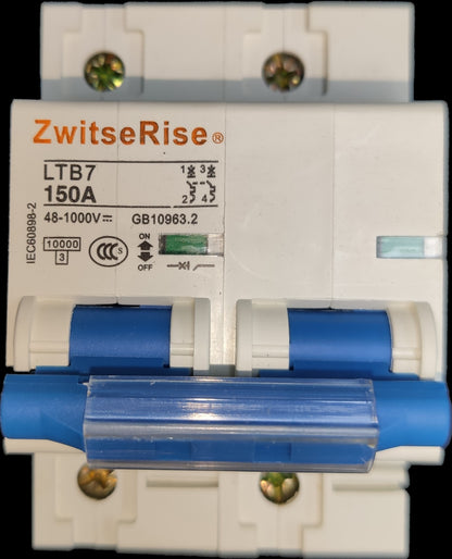 ZwitseRise 150A Miniature Circuit Breaker white with blue switches and detailed electrical specifications