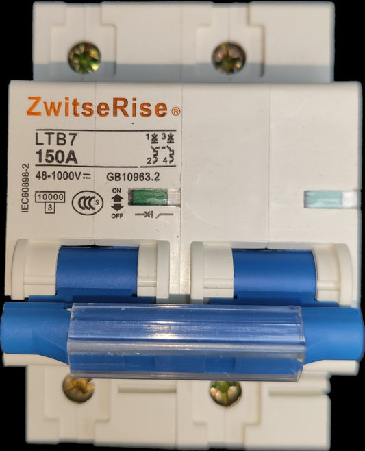 ZwitseRise 150A Miniature Circuit Breaker white with blue switches and detailed electrical specifications