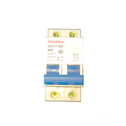 ZwitseRise 60A 2P DC Circuit Breaker with blue switches and white casing for electrical safety