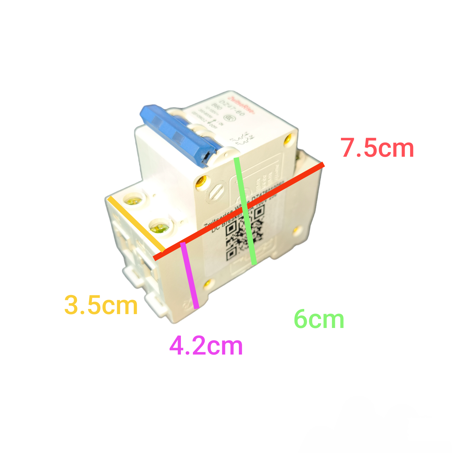 ZwitseRise 60A 2P DC Circuit Breaker with blue switch and detailed measurements