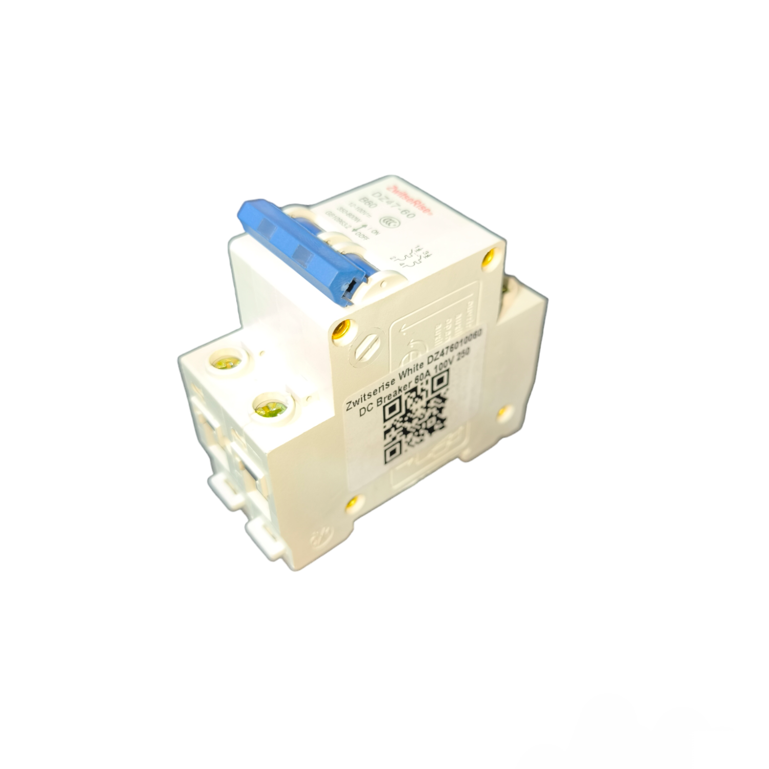 ZwitseRise 60A 2P DC Circuit Breaker with blue switch and white body for electrical protection