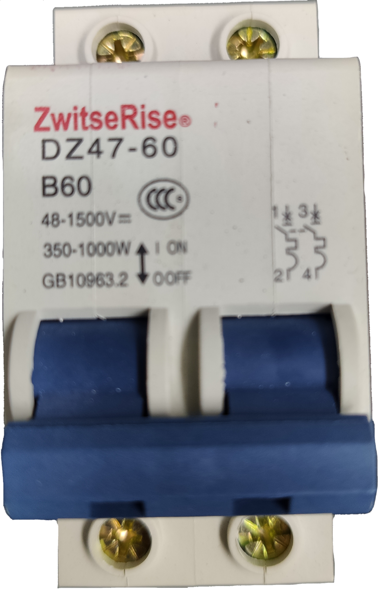 ZwitseRise 60A Miniature Circuit Breaker 48V DC with blue toggle switch and dual circuit design