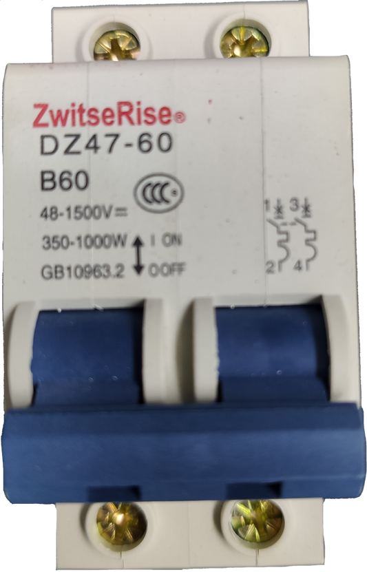 ZwitseRise 60A Miniature Circuit Breaker 48V DC with blue toggle switch and dual circuit design