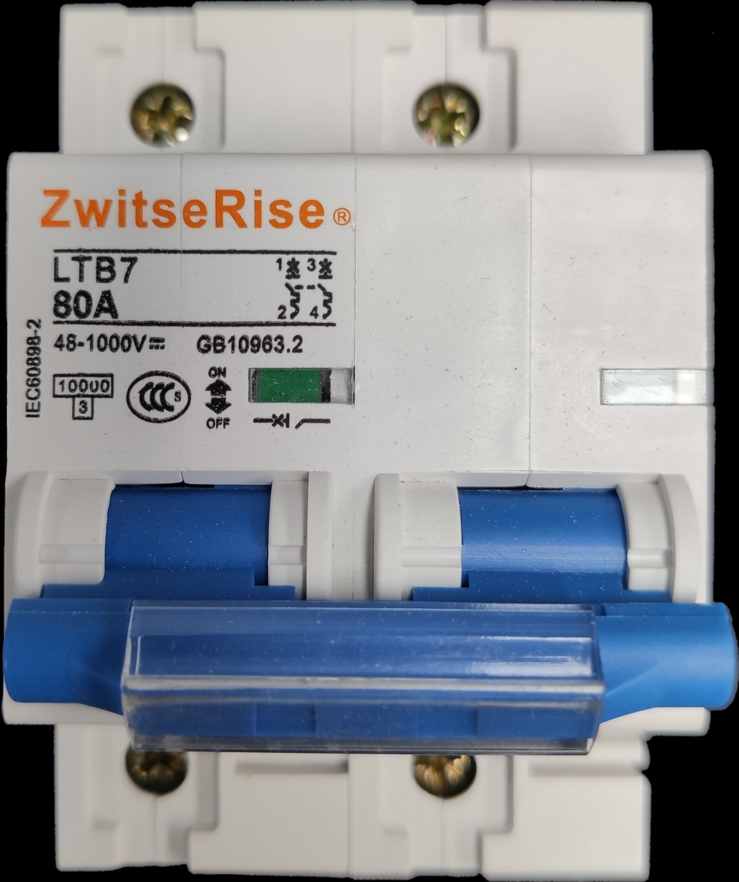 ZwitseRise 80A Miniature Circuit Breaker 48V DC with blue switch and white casing for electrical protection