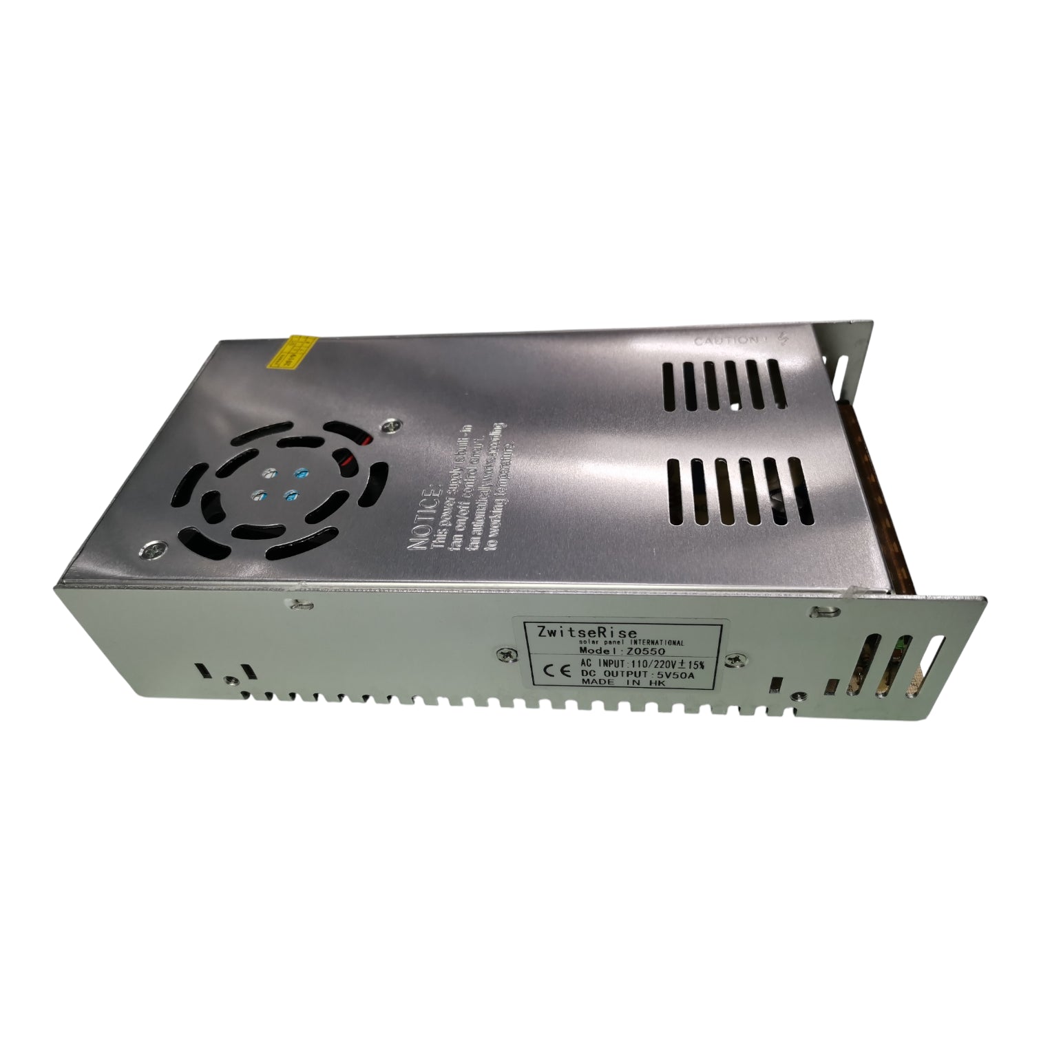 ZwitseRise Z0550 power supply for LED and CCTV in a compact metal casing with multiple ventilation slots