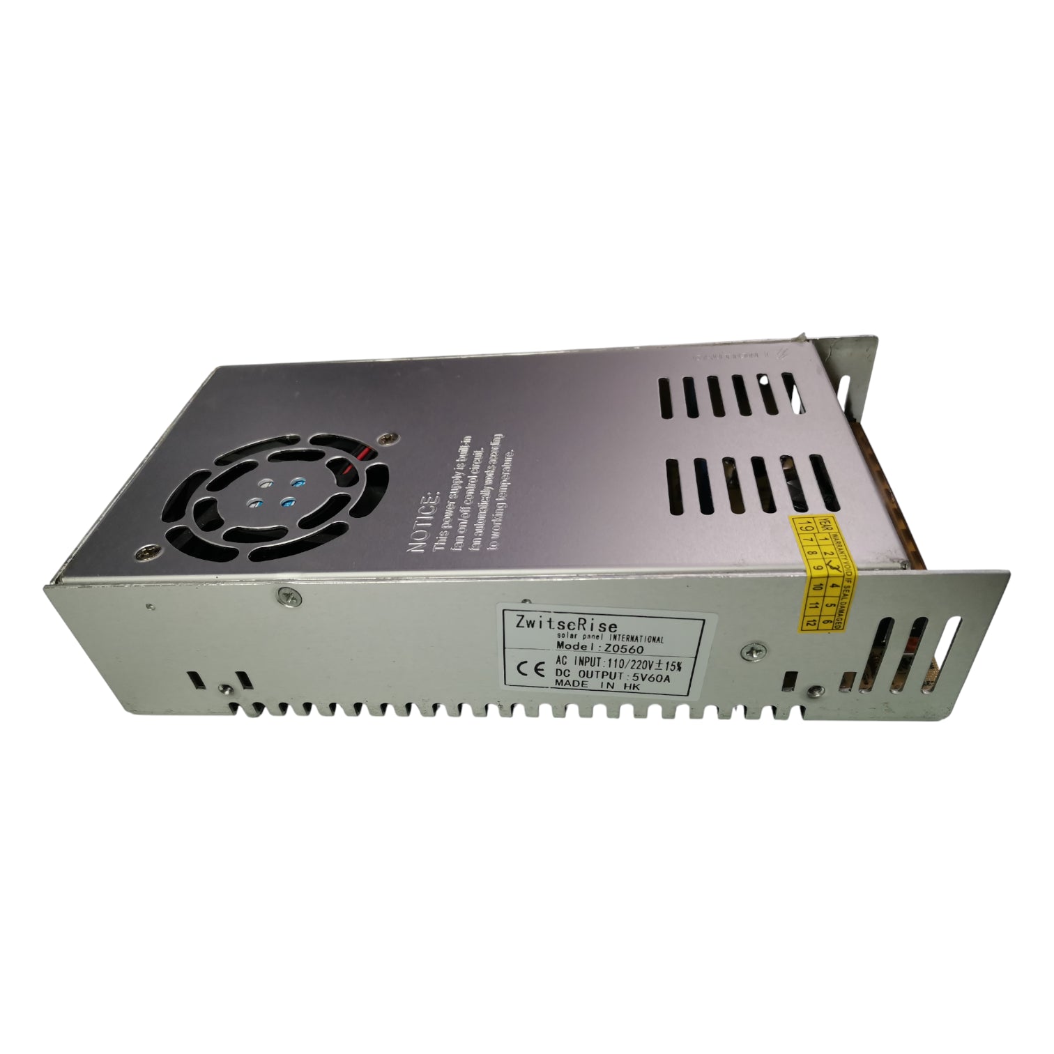ZwitseRise Z0560 power supply for CCTV featuring a compact design and cooling fan for effective heat dissipation